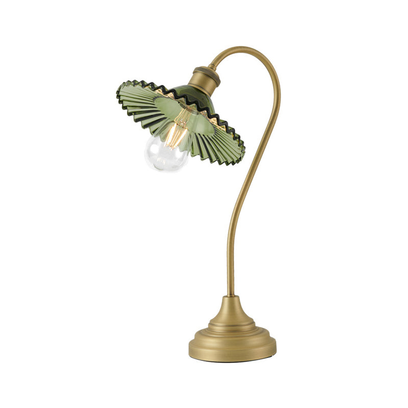 Wide Flared Table Light Simplicity Grey/Green Ribbed Glass Brass Night Lighting with Curved Arm