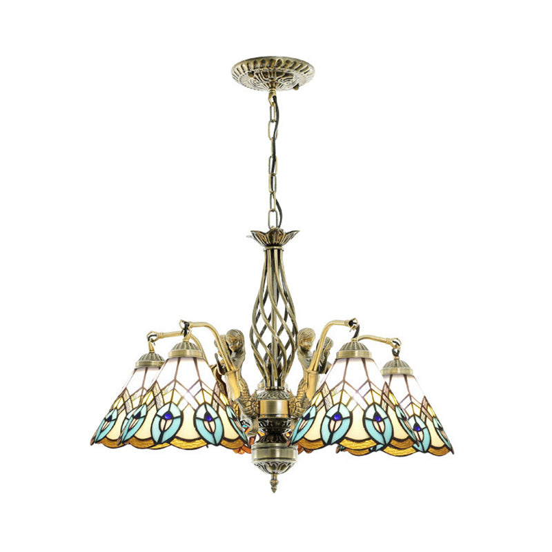 5 Lights Hanging Chandelier Tiffany Peacock Stained Glass Pendant Light Fixture in White