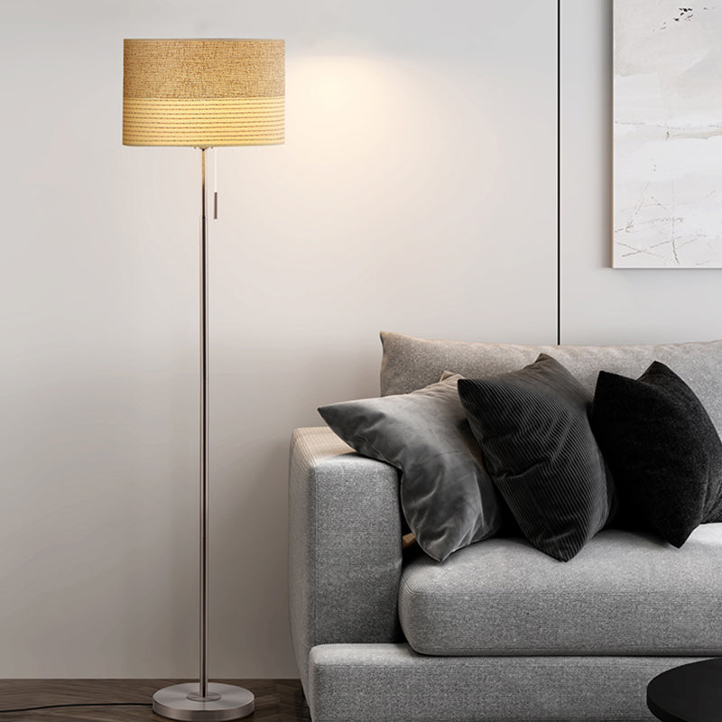 Beige cilinder vloer staande lamp Minimale stof 1 lichte stof leesvloer licht met trekketting