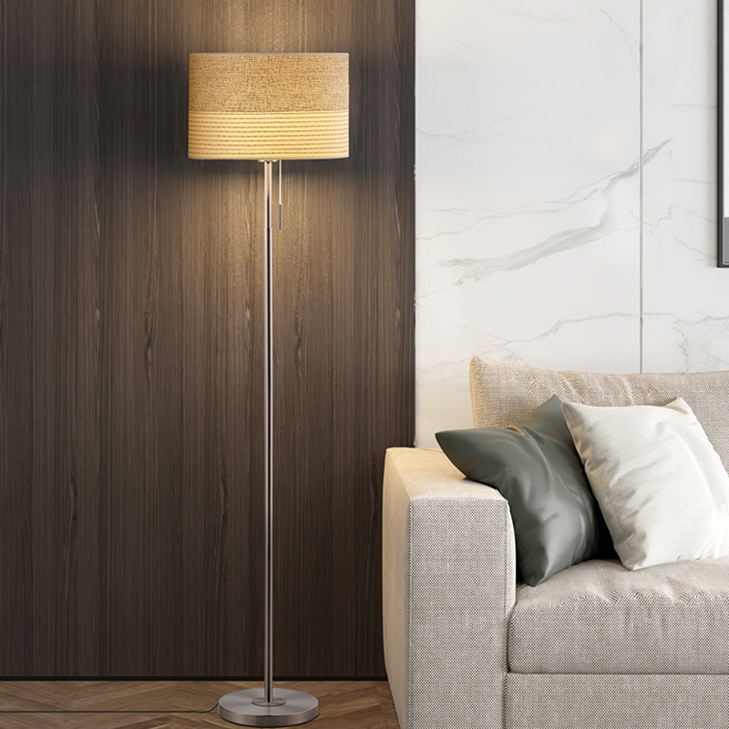 Beige Cylinder Floor Standing Lamp Minimal Fabric 1 Light Fabric Reading Floor Light with Pull Chain