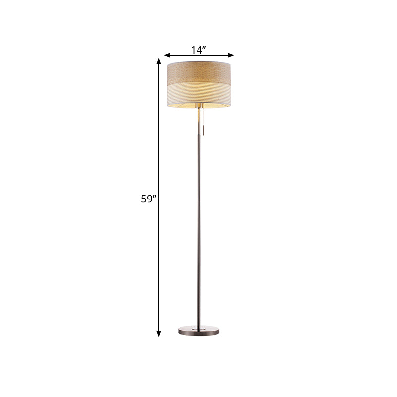 Beige Cylinder Floor Standing Lamp Minimal Fabric 1 Light Fabric Reading Floor Light with Pull Chain