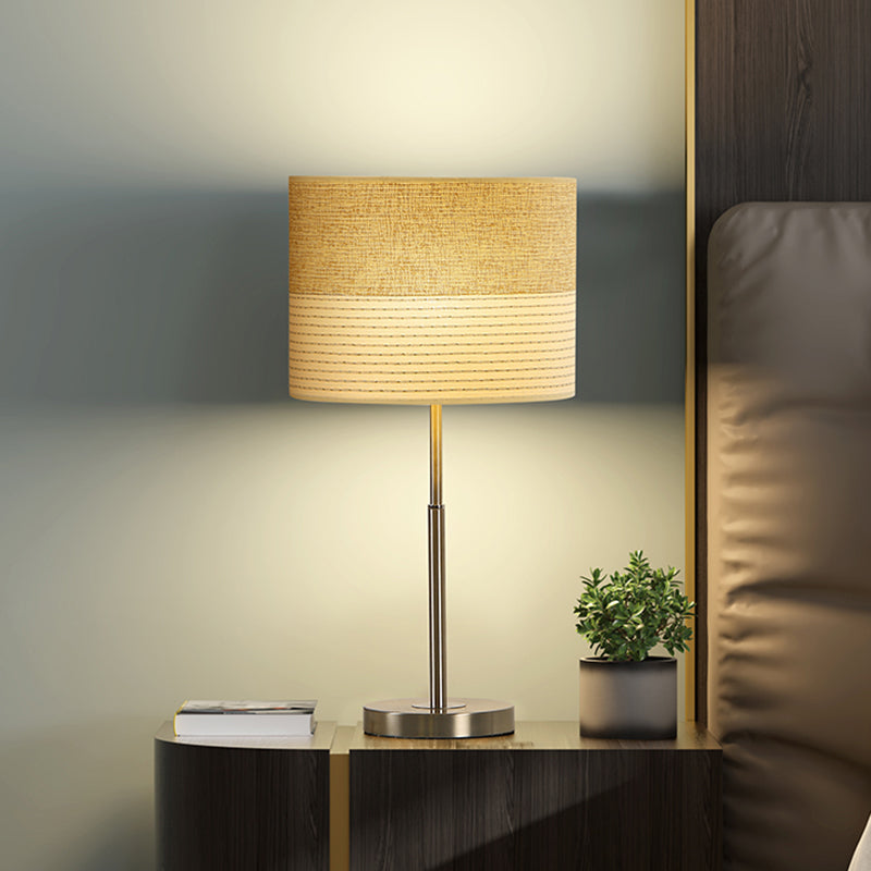 Contemporary Cylinder Night Lighting Fabric 1-Light Bedside Nightstand Lamp in Cream Gray