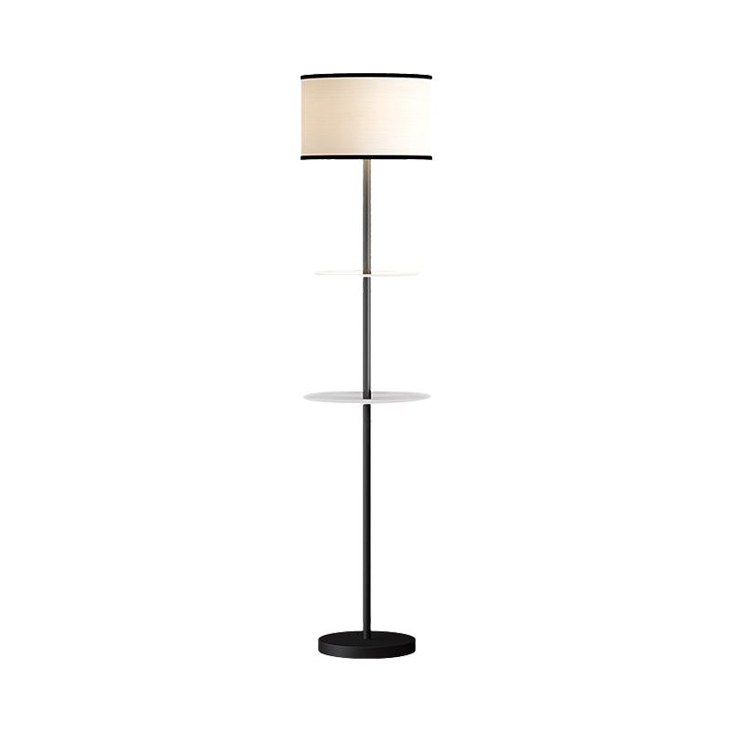 Modernity 1-Bulb Shelves Standing Light Black Cylinder Floor Lighting with Fabric Shade and Shelves