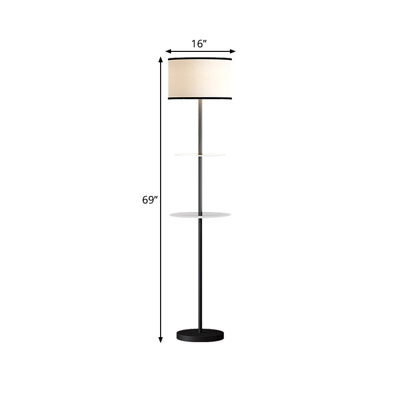 Modernity 1-Bulb Shelves Standing Light Black Cylinder Floor Lighting with Fabric Shade and Shelves