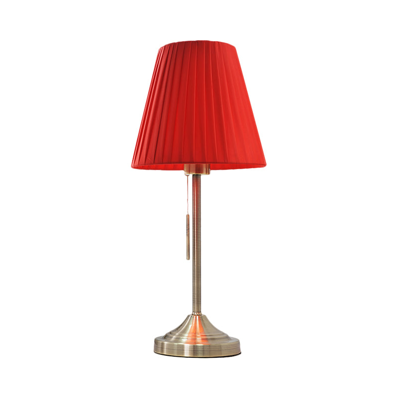 Modern Conic Night Lamp Pleated Fabric 1-Light Bedroom Metallic Table Light in Beige/Red with Pull Chain