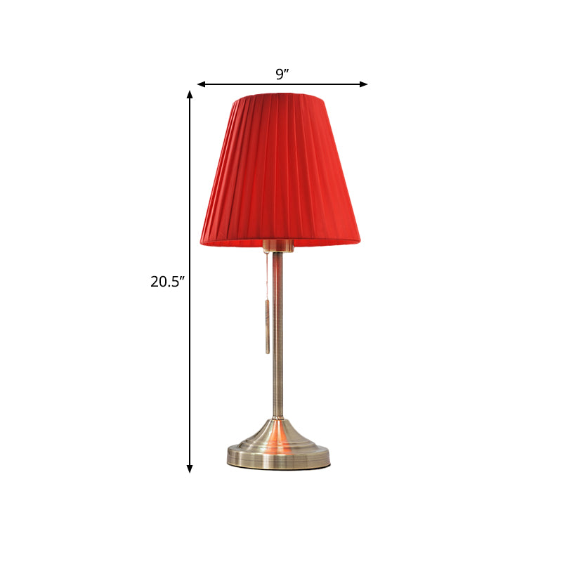 Modern Conic Night Lamp Pleated Fabric 1-Light Bedroom Metallic Table Light in Beige/Red with Pull Chain