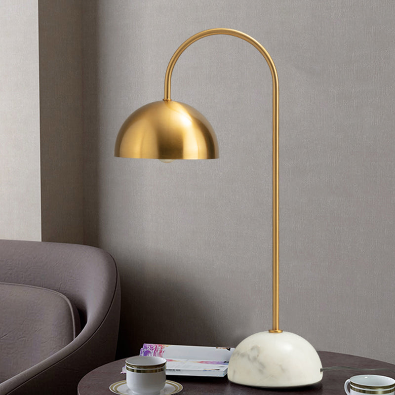 Metallic Dome Nightstand Lamp Minimalist 1 Bulb Brass Night Lighting with Curved Arm