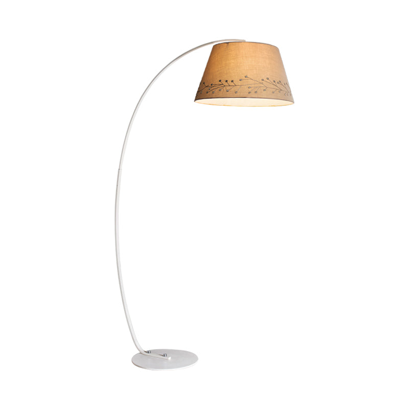 Drum Reading Floor Lighting Simple Fabric 1 Bulb Beige Standing Lamp with Arched Arm for Living Room