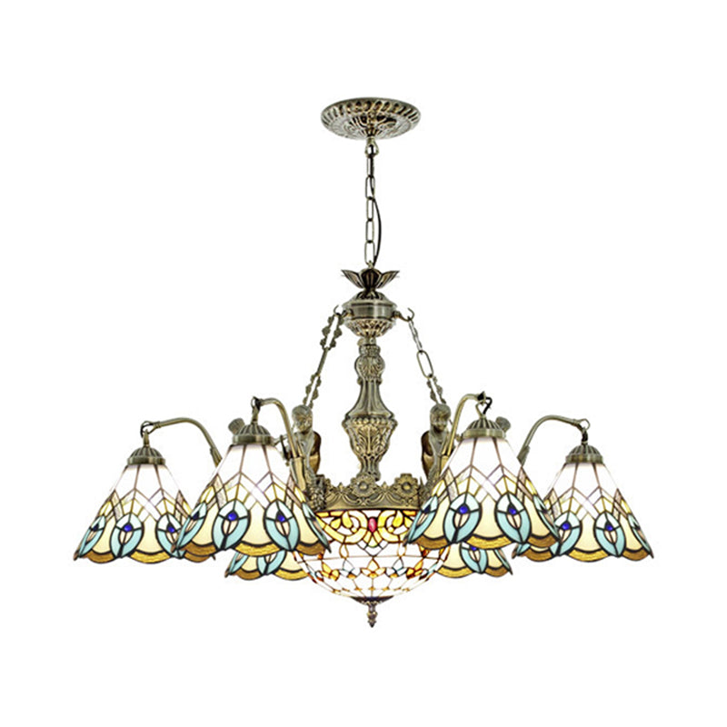 9 Lichten Peacock hanglampverlichting Tiffany -stijl wit gebrandschilderd glas kroonluchter lamp