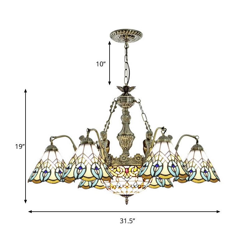 9 Lichten Peacock hanglampverlichting Tiffany -stijl wit gebrandschilderd glas kroonluchter lamp