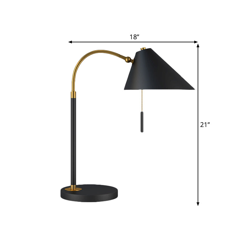 Minimal 1 Bulb Night Table Light Black/White Conic Pull Chain Nightstand Lamp with Metal Shade