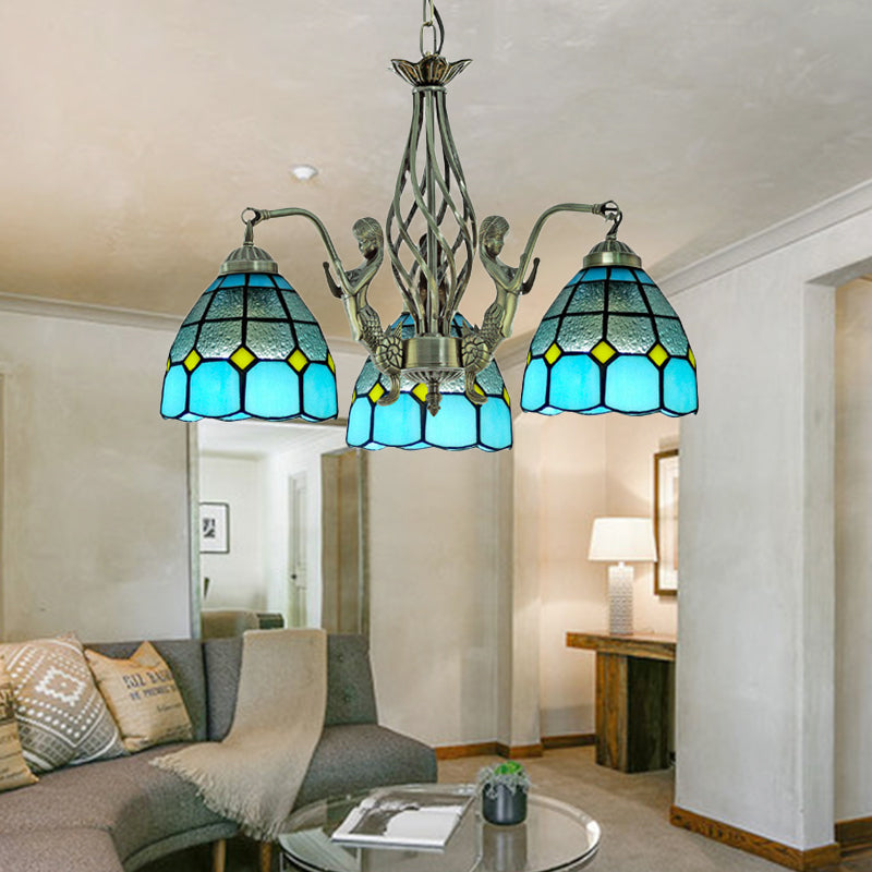 Dome Hand Cut Glass Chandelier Lighting Tiffany 3 Lights Blue Ceiling Lamp