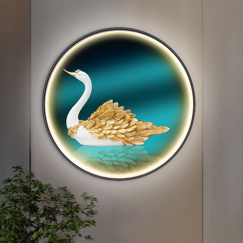 LED Parlor Swan Wall Mounted Light Asian Green Wall Mural Sconce with Round Metal Shade, Left/Right