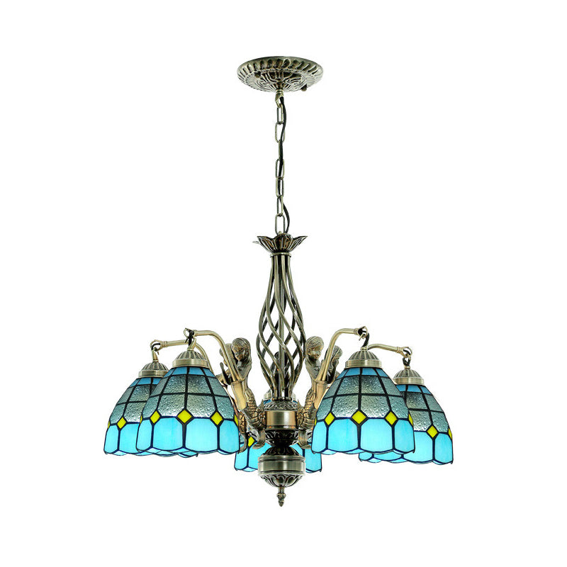 Dome Stained Glass Chandelier Lamp Tiffany Style 5 Lights Blue Pendant Lighting