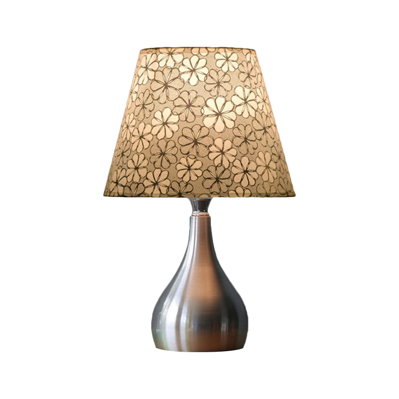 Conic Table Light Modern Fabric 1 Light Grey Floral Patterned Night Lamp with Gourd Silver Metal Base