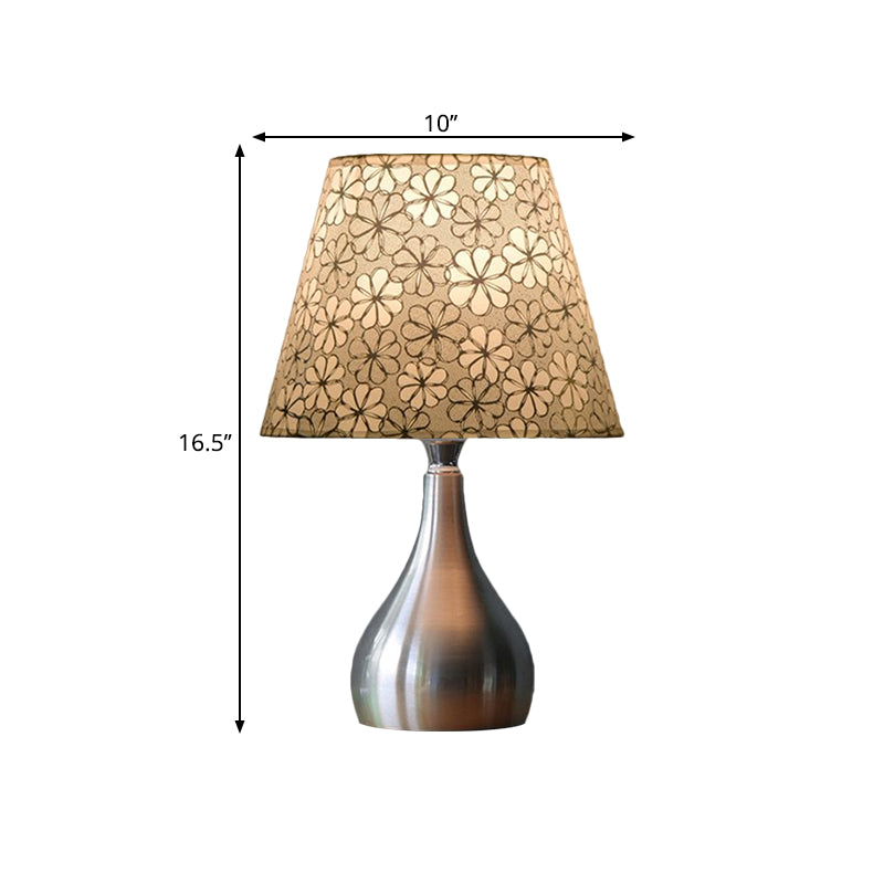 Conic Table Light Modern Fabric 1 Light Grey Floral Patterned Night Lamp with Gourd Silver Metal Base