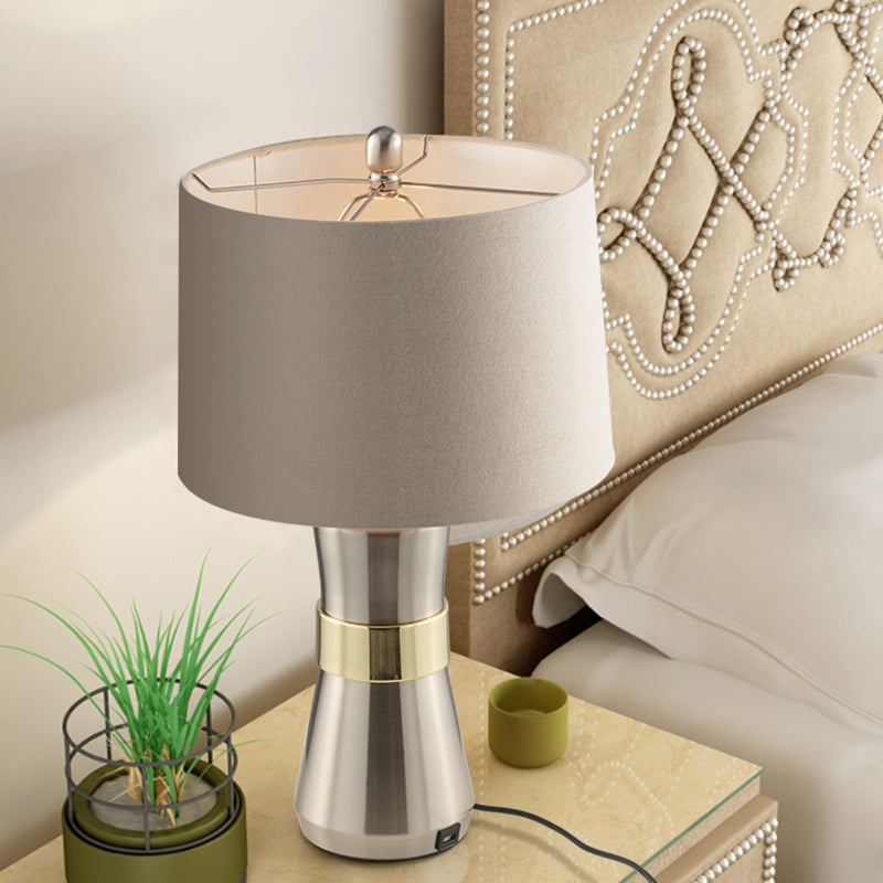 Drum Shaped Fabric Table Lighting Contemporary 1-Head Nickel Night Lamp for Living Room