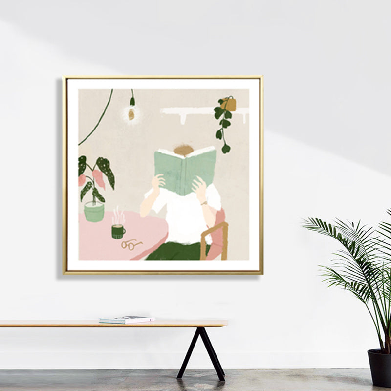 Illustration Boy Reading Book Art Print Green Nordic Style Wall Decor for Bedroom