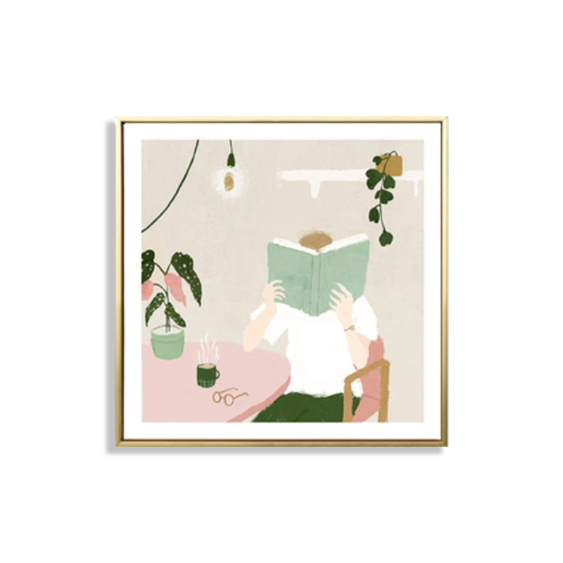 Illustration Boy Reading Book Art Print Green Nordic Style Wall Decor for Bedroom