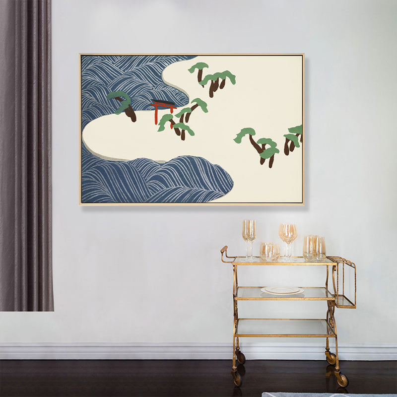 Asian Style Beach Scenery Canvas Blue and Beige Textured Art Print for Living Room