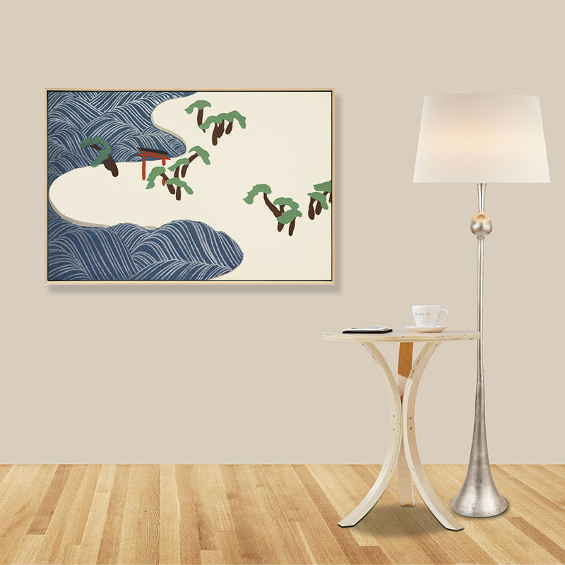 Asian Style Beach Scenery Canvas Blue and Beige Textured Art Print for Living Room