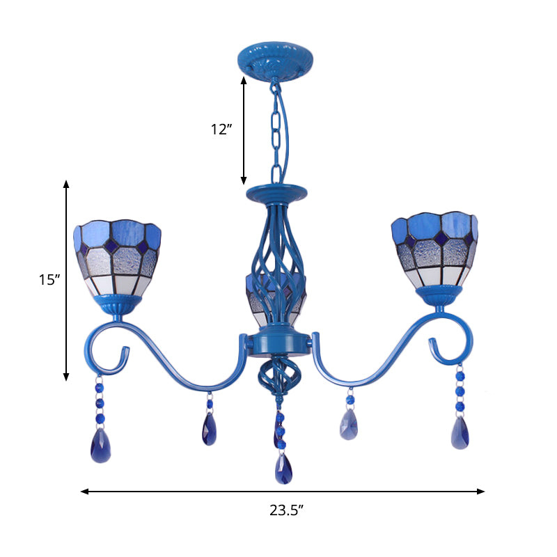 Mediterranean Dome Hanging Light with 12" Metal Chain Blue Glass 3 Lights Pendant Lamp