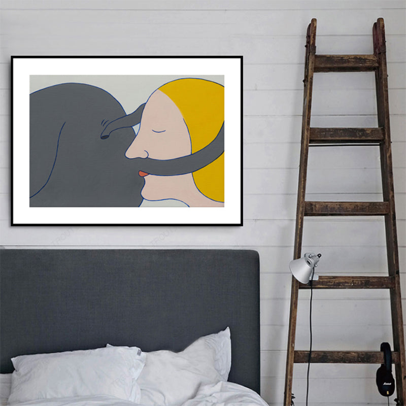 Illustration Kiss Canvas Wall Art Modern Textured House Interior Wall Decor in Dark Color