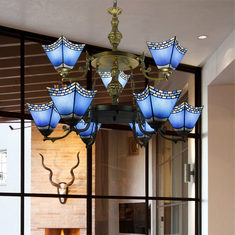 Nautical Pyramid Pendant Lamp 2 Tiers Blue Glass 9 Lights Chandelier with Metal Chain in Blue