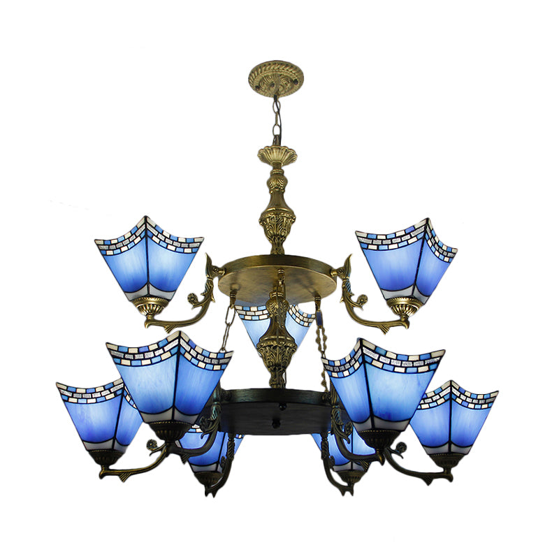 Nautical Pyramid Pendant Lamp 2 Tiers Blue Glass 9 Lights Chandelier with Metal Chain in Blue