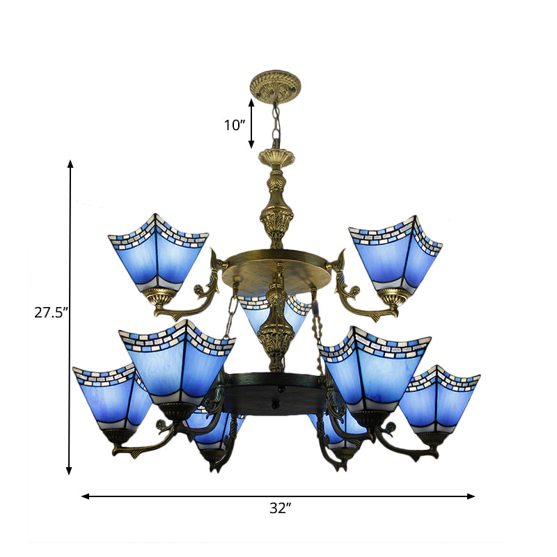 Pyramide nautique Pyramide Lampe 2 Tier Blue Verre 9 Lumières Chandelier avec chaîne métallique en bleu