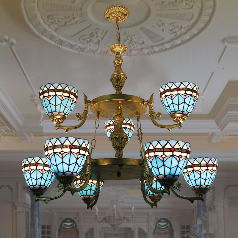 Stained Glass Bowl Hanging Ceiling Light 9 Lights Baroque Chandelier Lighting in Blue for Hallway