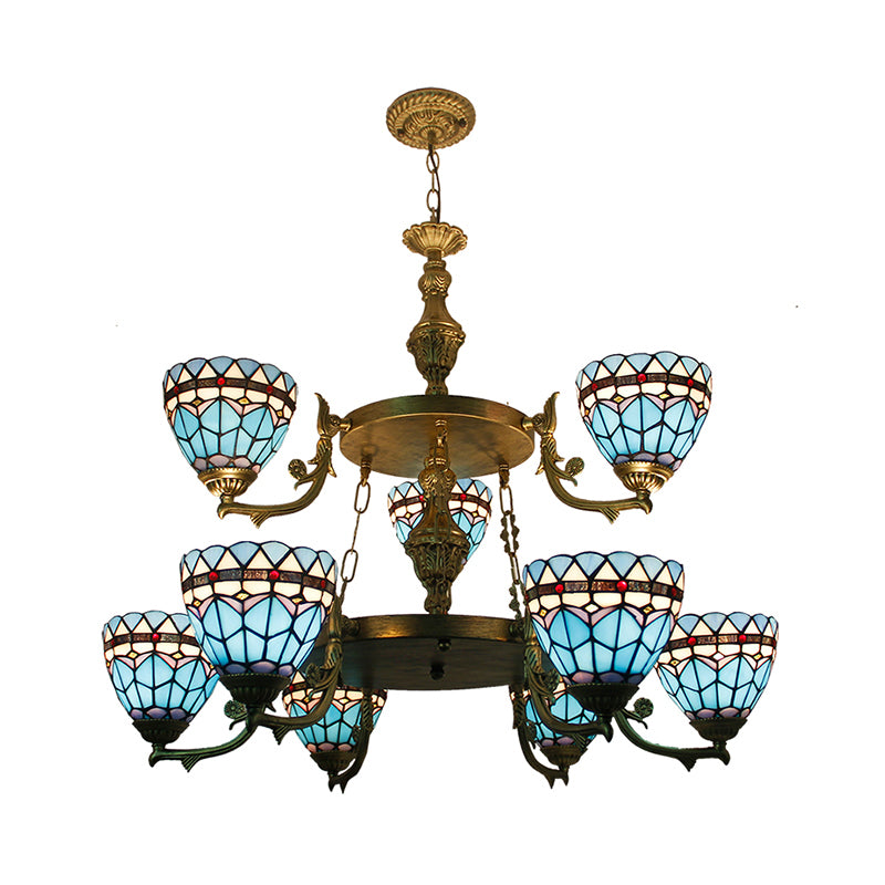 Stained Glass Bowl Hanging Ceiling Light 9 Lights Baroque Chandelier Lighting in Blue for Hallway