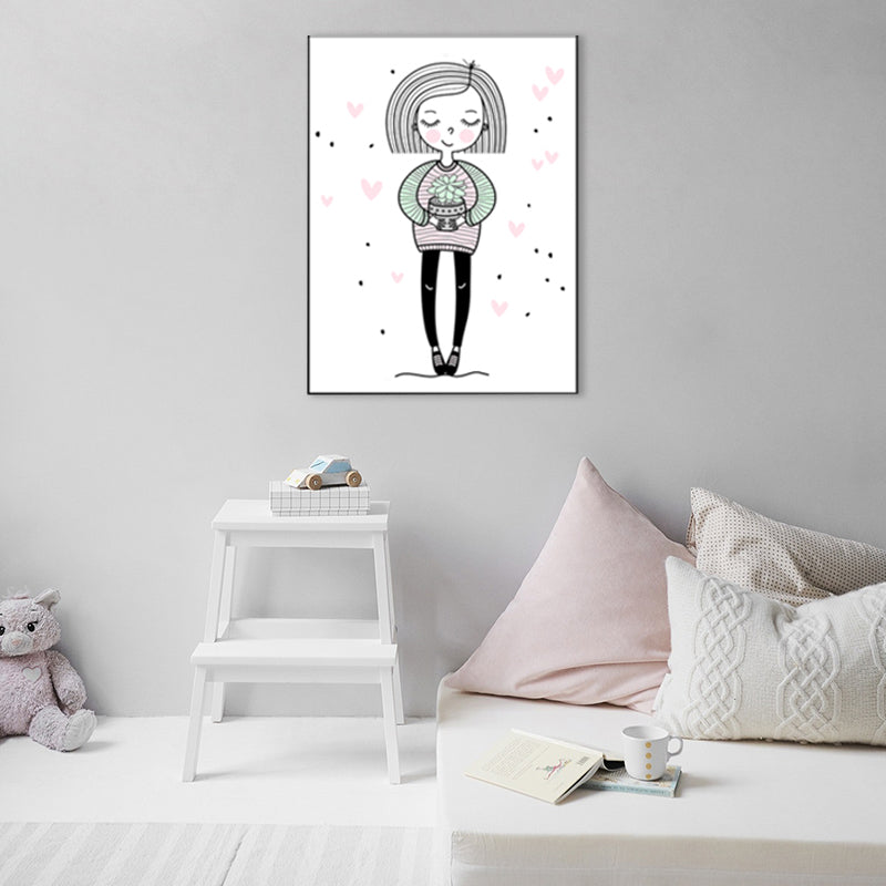 Pink Girl with Potting Wall Decor Figure Children's Art Textured Canvas Print for Room