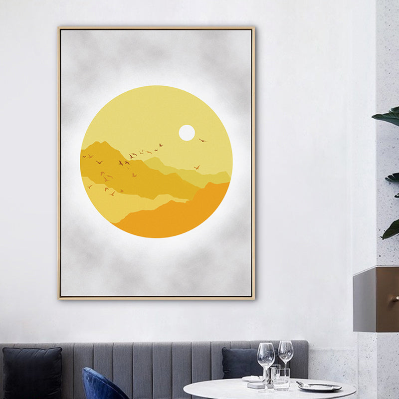 Sunset Mountain Canvas House Interior Scenery Drawing Art Print in Yellow for Decor