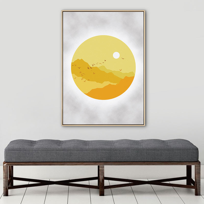 Sunset Mountain Canvas House Interior Scenery Drawing Art Print in Yellow for Decor