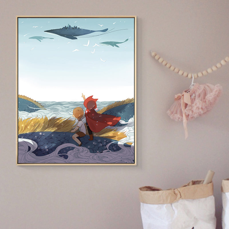 Fantasy Flying Whale Wall Art Cartoon Canvas Print Wall Decor in Blue for Nursery