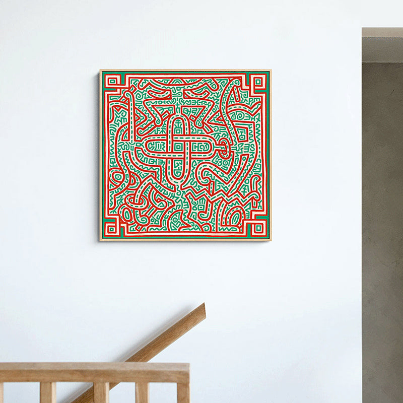 Novelty Maze Linework Wall Art Boys Bedroom Abstract Canvas Print in Green and Orange