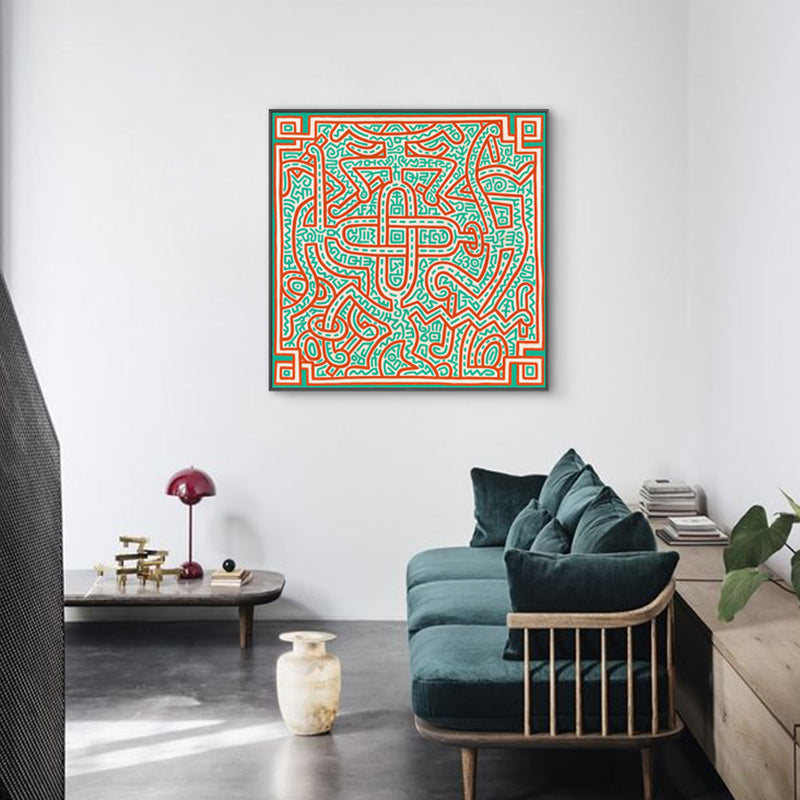 Novelty Maze Linework Wall Art Boys Bedroom Abstract Canvas Print in Green and Orange