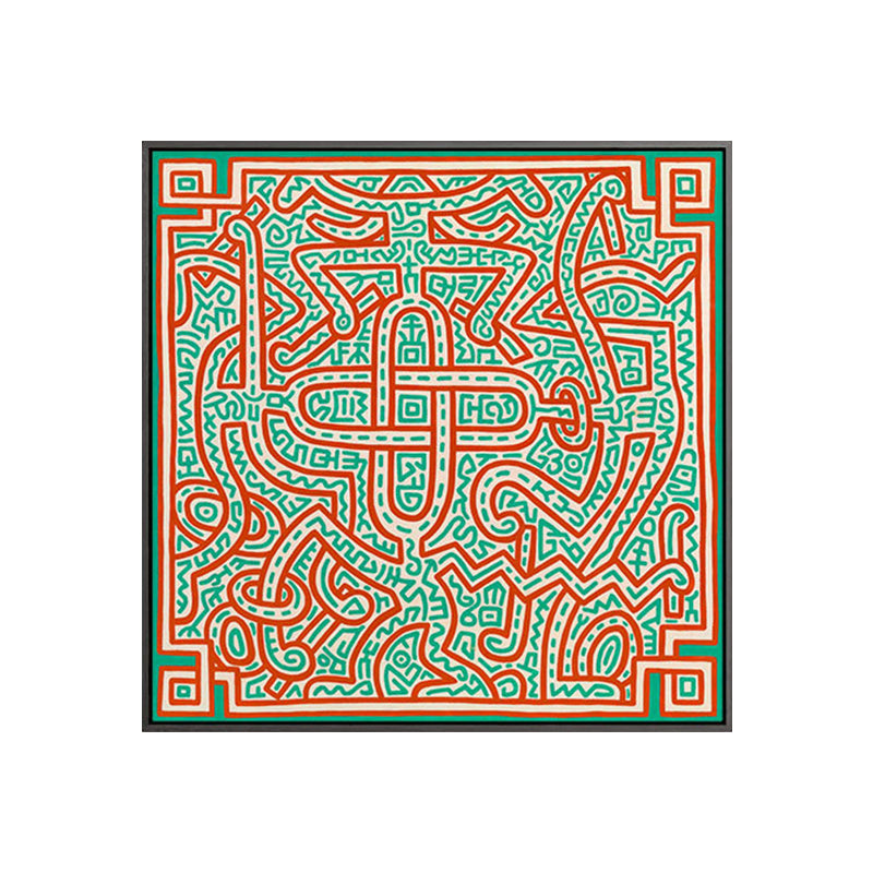 Novelty Maze Linework Wall Art Boys Bedroom Abstract Canvas Print in Green and Orange