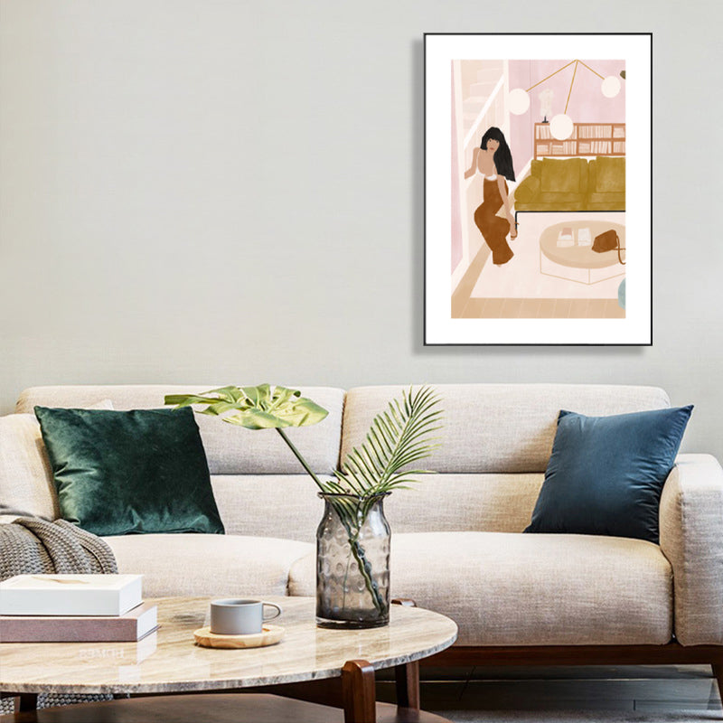 Sexy Woman Canvas Art for Living Room Figure Drawing Print Wall Decor in Brown-Pink