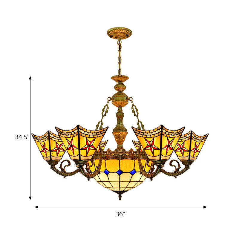 Tiffany Antique Craftsman Chandelier Stained Glass Yellow Pendant Light with Centre Bowl for Hotel