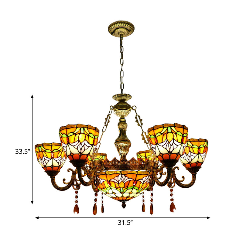 Tiffany Rustic Orange Chandelier Flower Stained Glass Pendant Lamp with Agate for Living Room