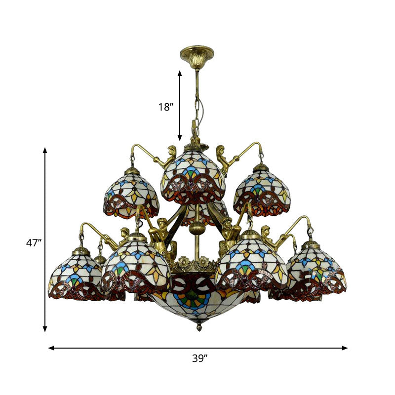 Bruin 15 lichten kroonluchter verlichting tiffany gesneden glazen koepel hanger lamp voor woonkamer met zeemeerminontwerp