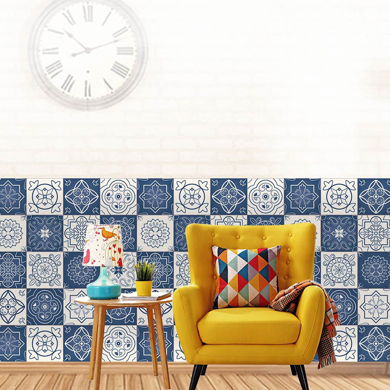 Flower Mandala Tiles Wallpaper Border Bohemian PVC Wall Art in Blue and White, Peel off