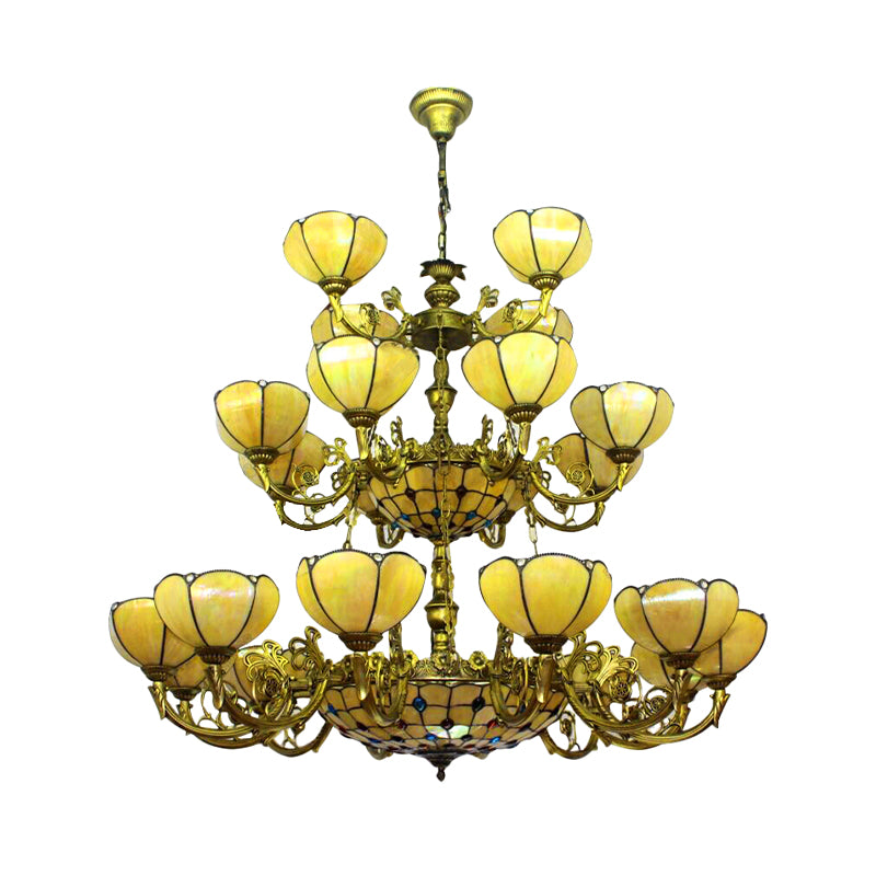 Glass Dome Shade Chandelier Villa Hotel 3-Tier Tiffany Antique Hanging Light in Yellow