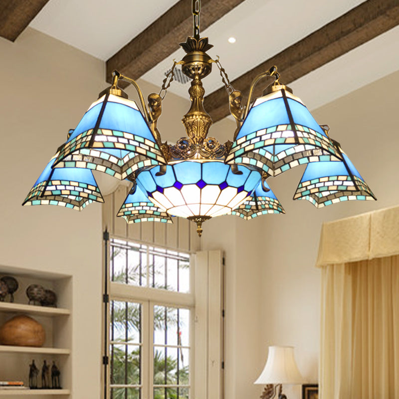 Pyramid Pendant Chandelier 9 Lights  Stained Glass Mediterranean Hanging Fixture in Blue