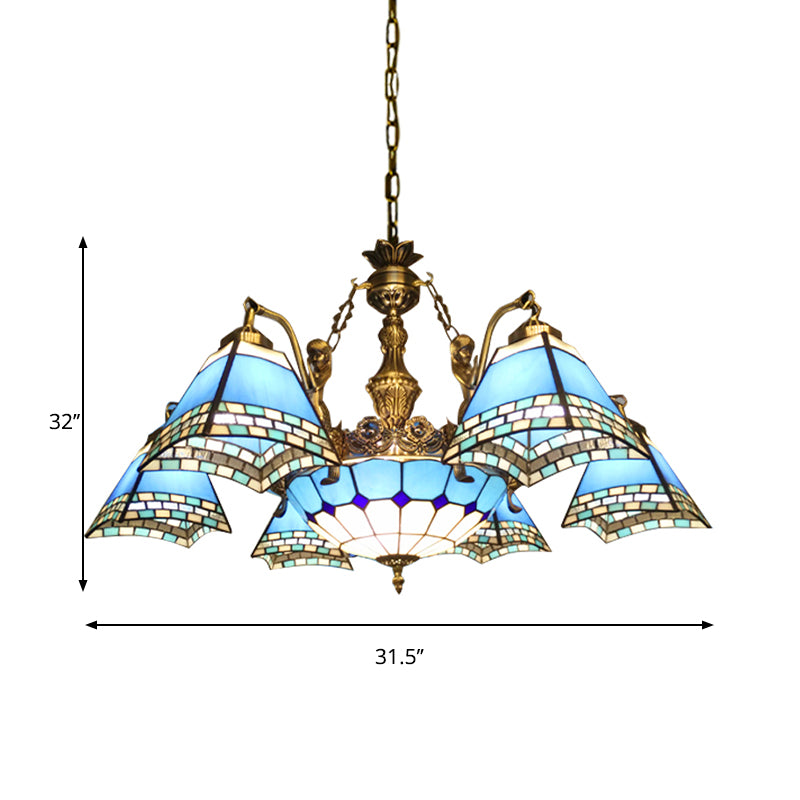 Pyramid Pendant Chandelier 9 Lights  Stained Glass Mediterranean Hanging Fixture in Blue