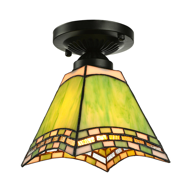 Craftsman Office Ceiling Light Art Glass 1 Light Tiffany Style Flush Mount Light in Green for Corridor