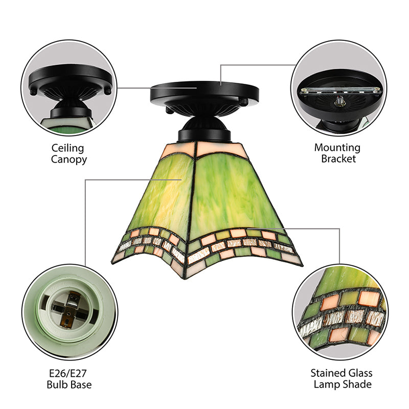 Craftsman kantoor plafond licht kunstglas 1 lichte tiffany stijl spoelmount licht in groen voor gang