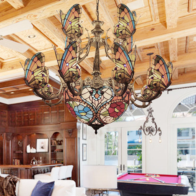 Tiffany Stunning Multi-Colored Chandelier with Butterfly Glass Pendant Light for Living Room